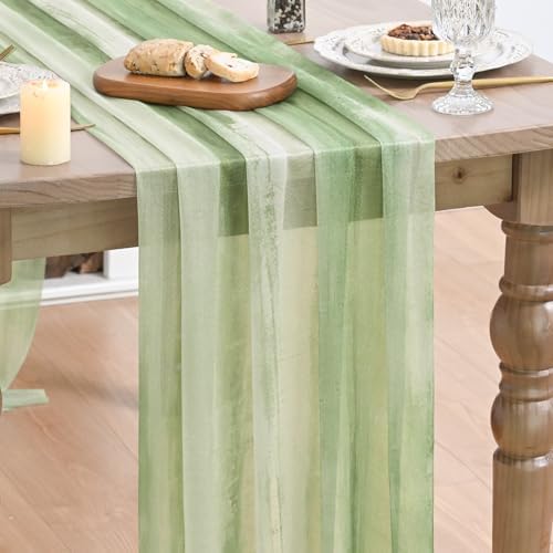 Artoid Mode Boho Green Stripes Spring Chiffon Table Runner 120 Inches 10FT,Seasonal Fabric Kitchen Dining Holiday Table Decor for Home Party by ArtoidMode