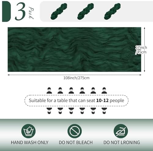 3 Pack Emerald Green Cheesecloth Table Runner 17x108 Inch Semi Sheer Boho Gauze Cheese Cloth Fabric Table Runners Table Decor for Wedding Party Baby Shower Birthday Home Decor Garden Farmhouse - Image 2