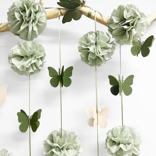Sage Green Party Decorations Tissue Flowers Pom Pom Olive Green Beige 3D Butterfly Hanging Paper Garland Streamer Banner for Spring Themed Birthday Wedding Shower Tea Party Home Decor Supplies - Image 5