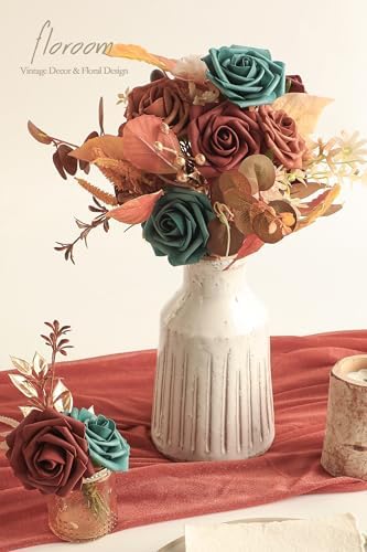 Floroom Artificial Flowers 25pcs Real Looking Teal Green Terracotta Ombre Colors Foam Fake Roses with Stems for DIY Wedding Bouquets Bridal Shower Centerpieces Floral Arrangements Tables Decoration - Image 3
