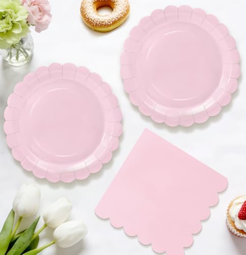 HEIPINIUYE 50 Pcs Light Pink Paper Plates and Napkins Party Supplies Include 7'' Pink Scalloped Plates and 6.5'' Paper Napkins Disposable Tableware Set for Dinner Wedding Birthday Party (Serves 25) - Image 2