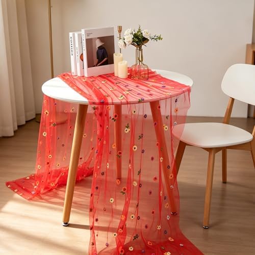 BINBE 3pcs Daisy Spring Table Runner Embroidery Gauze 10FT Florals Seasonal Tulle Holiday Birthday Kitchen Dining Table Decor for Home Party Red - Image 5