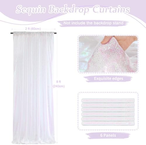 SoarDream White Iridescent Sequin Backdrop Curtains 6 Pieces 2ft x 8ft Sequin Fabric Backdrop Glitter Drapes Baby Shower Background Christmas Party Decoration - Image 2