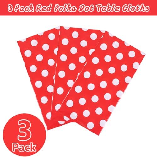 Kesfey 3 Pack Red Polka Dot Table Cloths 54 x 108 Inch Mickey Minnie Mouse Tablecloth Disposable Plastic Red Waterproof Rectangle Picnic Table Covers Christmas Carnival Tablecloths for Birthday Party - Image 3