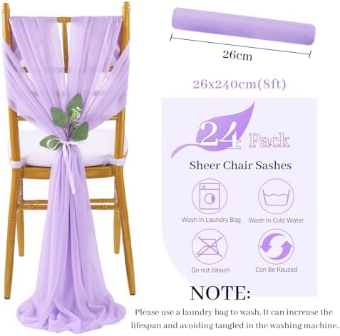 QueenDream Light Purple Chair Sashes 24 Pieces Sheer Chairs with Artificial Eucalyptus Designed Decorative Soft Chair Covers for Wedding Aisle Chairs Decoration - Image 6