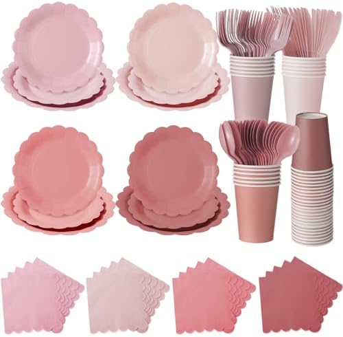 Yaomiao 168 Pcs Dusty Pink Plates and Napkins Set Pink Birthday Supplies by Yaomiao