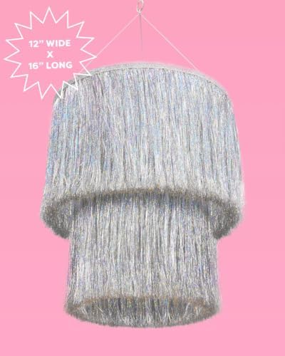 xo, Fetti Fringe Tinsel Chandelier Iridescent Silver Foil 16" | Party Decor - Image 4