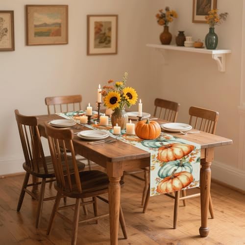 13x72 Inch Fall Table Runner - Vintage Fall Harvest Theme with Pumpkins Mushrooms Birdhouse, Seasonal Indoor Outdoor Home Party Kitchen Dining Decor - Image 2