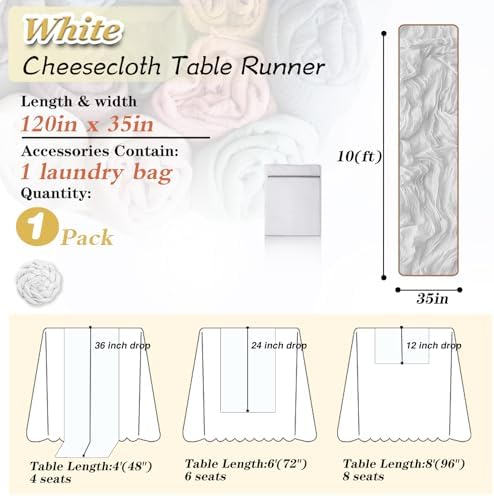 White Cheesecloth Table Runner 1 Pack 35" Boho Gauze 120 inches Long Runner Rustic Sheer Fabric Bulk for Baby Shower Wedding Bridal Birthday Party Picnic Table Decorations - Image 2