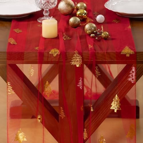 Christmas Tree Table Runner Gold Gauze Glitter Sheer Party Home Table Decor - Image 2