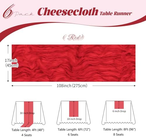 6 Pack Red Cheesecloth Table Runner, 17 x 108 inch, Semi Sheer Boho Cheese Cloth Fabric Table Runner Bulk for Wedding, Birthday, Party, Holiday, Home Decor (Red) - Image 3