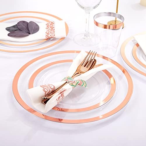 YOUBET 175PCS Rose Gold Plastic Plates - Clear Plastic Plates Disposable with Rose Gold Rim includes 50 Plates, 25Forks, 25Knives, 25Spoons, 25Cups, 25Napkins for Party & Wedding - Image 4