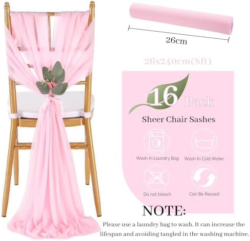 QueenDream Pink Chair Sashes Wedding: 16 Pieces Long Sheer Wedding Aisle Chair Decorations Tulle Chairs Covers with Artificial Eucalyptus - Image 5