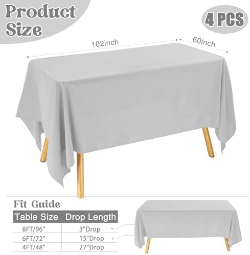 4 Pack Rectangle Tablecloth for 6 Foot Tables Washable Polyester Table Cover for Wedding Dining Table Parties Banquet（60x102 Grey） - Image 2