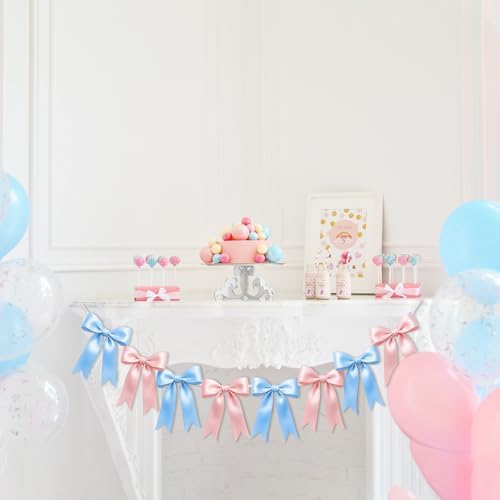2 Strings of 16PCS Baby Pink&Baby Blue Bow Garlands Banner Decoration,Pre-Strung Satin Ribbon Ornaments for Gender Reveal Party,Baby Shower,Birthday,Bridal Shower,Graduation Decor,Anniversary,Wedding - Image 4
