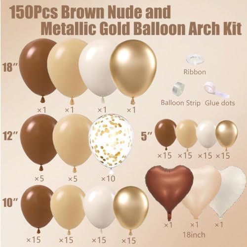 Brown Gold Balloon Garland Arch Kit, 18 12 10 5 inch Different Sizes Brown Beige Nude Metallic Confetti Gold Balloons for Birthday Party Netural Bear Baby Shower Decorations - Image 3