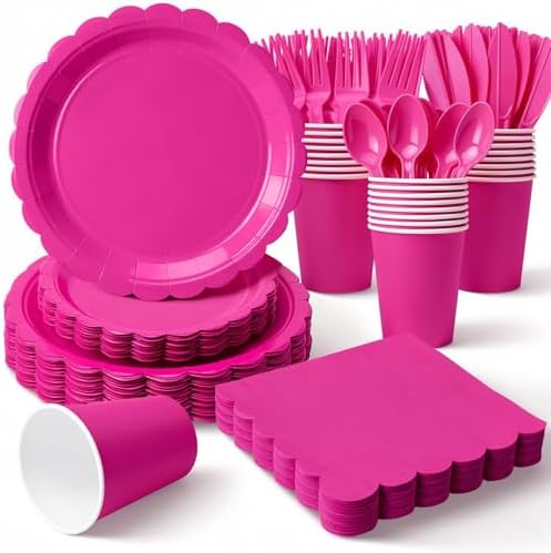Vyntra 175 Pcs Hot Pink Paper Plates and Napkins Party Supplies by PartyTablewareSupplies