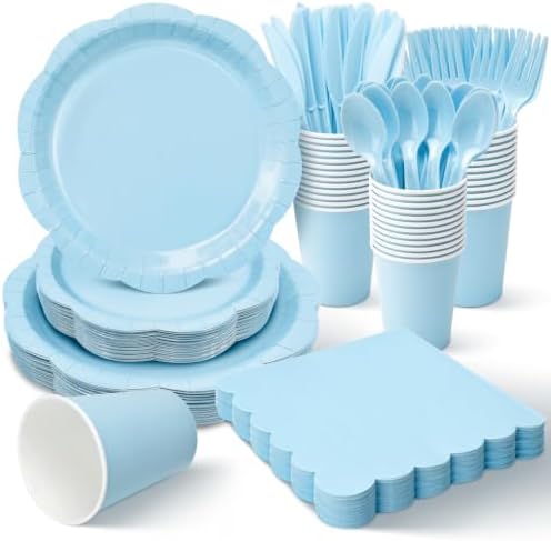 350 Pcs Blue Paper Plates and Napkins Party Supplies for 50 Guests, Food-Grade Thickened Disposable Tableware Set with Cutlerys, 7'' & 9'' Decagonal Plates for Boy Baby Shower Birthday Party by Unknown