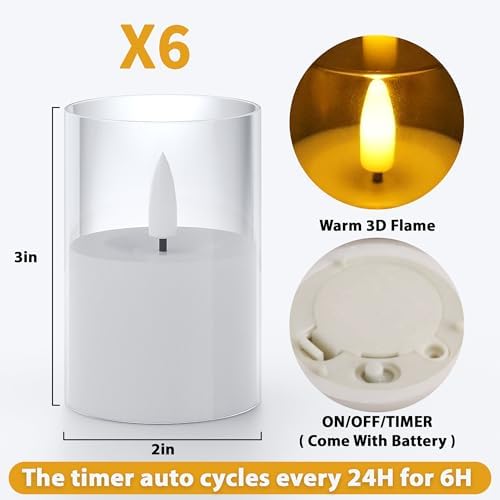 VIODAIM 6Pack Flickering Flameless LED Candles with Timer, Battery Powered - Small Pillar & Votive, Clear (2"X3") - Image 3