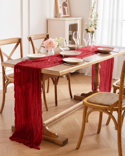 Pureegg 2 Pack Cheesecloth Table Runner 120 Inch Red - Image 6