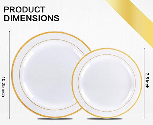 M MCIRCO 175 Piece Gold Dinnerware Set - 50 Plastic Plates, 25 Cups, 25 Pre Rolled Napkins with Plastic Silverware, Disposable Gold Dinnerware Set for 25 Guest - Image 2