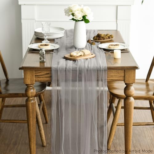 Artoid Mode Grey Gauze Table Runner 120 Inch 10FT, Seasonal Sheer Kitchen Dining Holiday Wedding Birthday Baby Shower Table Decor for Home Party - Image 3