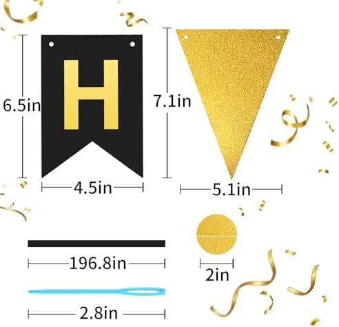 Black Gold Happy Birthday Banner Hanging Sign Circle Dot Triangle Bunting - Image 6