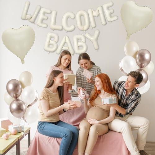 White and Gold Baby Shower Decorations, WELCOME BABY Letter Foil Balloons Banner Backdrop Set with Cream Beige Champagne Gold Latex & Heart Balloon for Newborn Babyboy Babygirl Infant Party Decoration - Image 3