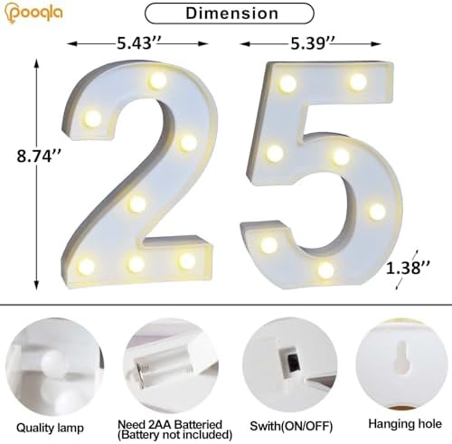 Pooqla 25th Birthday Decorations for Her Him, Light Up Number 25 for Party Table Decorations, 25th Birthday Gift for Women Men, Backdrop Wall Decor for 25th Wedding Anniversary Decoration - Image 4