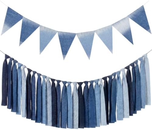 Thiccywoov 2 Pcs Denim Party Decorations Blue Jean Baby Shower Decorations Blue Jean Garland Banner Western Bows Triangle Tassel Hanging Flags, Denim and Diamonds Party Supplies by Jgiusenfg