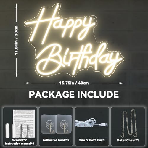 Happy Birthday Neon Sign for Wall Decor, LED Happy Birthday Light Up Sign, Dimmable LED Birthday Neon Light for Birthday Party Decorations Backdrop, Warm White - Image 4