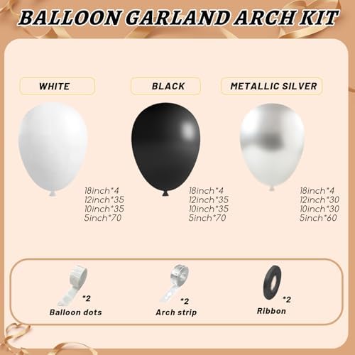 412Pcs Black and Silver White Balloon Arch Kit, 18 12 10 5 Inch Different Size Black and Silver White Balloons for Graduation Birthday Wedding Party Decorations - Image 2