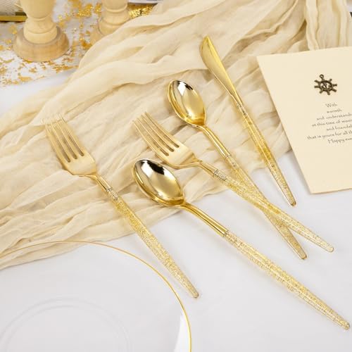 Liacere 150PCS Clear Gold Plastic Plates - Gold Plastic Silverware with Glitter Handle - Clear Disposable Plates Include 30 Guests Plates, Forks, Spoons, Knives for Wedding&Thanksgiving&Fall Party - Image 5
