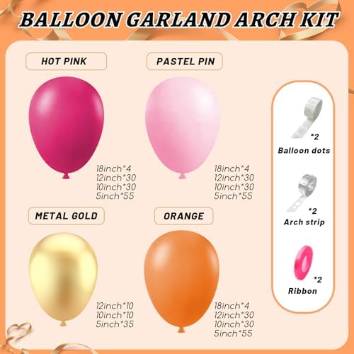 Pink and Orange Balloon Arch Kit,412Pcs Hot Pink Orange Metallic Gold Latex Balloon Garland kit 18 12 10 5 Inch Different Size Balloons for Birthday Wedding Tropical Summer Party Decorations - Image 2