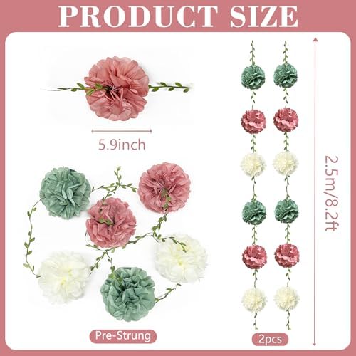 Sage Green Dusty Rose Pink Beige Tissue Paper Flowers Pom Pom with Leaf Ribbon Hanging Garland Streamer for Girl Safari Woodland Jungle Birthday Wedding Shower Garden Party Decorations Supplies - Image 2