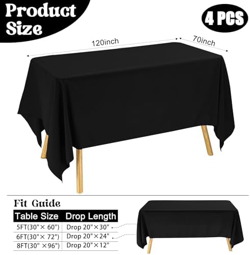 4 Pack Rectangle Tablecloth for 6 Foot Tables Washable Polyester Table Cover for Wedding Dining Table Parties Banquet（70x120 Black） - Image 2