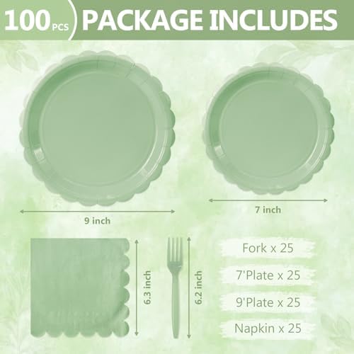 100 Pcs Sage Green Paper Plates and Napkins Disposable Set for Baby Shower - Image 2