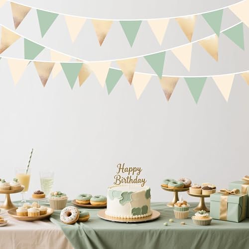 Sage Green Beige Champagne Gold Party Decorations Metallic Fabric Triangle Pennant Banner Bunting Flag Garland for Baby Shower Birthday Wedding Engagement Bridal Shower Graduation Decoration Supplies - Image 4
