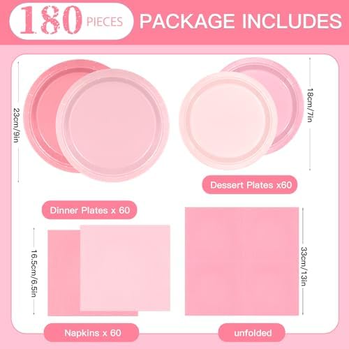 180Pcs Pink Party Supplies Paper Plates and Napkins Serve 60 - Image 2