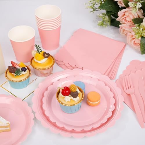 LIYH 350 Pcs Pink Paper Plates and Napkins - 50 Guest Light Pink Party Supplies Include Scalloped Plates Cups Plastic Spoons Forks Knives for Baby Shower Birthday Party - Image 6