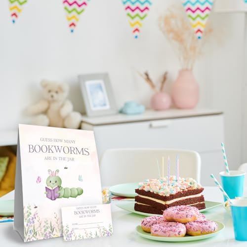 Our Next Chapter Baby Shower Decorations,Guess How Many Bookworms Baby Shower Game,Book Themed Party Decorations,Birthday Party Game & Activities 50 Cards and Sign - Image 4