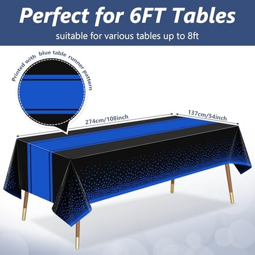 LANLISA Black and Blue Tablecloth Party Decorations 2 Pack, Disposable Plastic Table Cloths for Boss Baby Birthday Graduation Retirement Masquerade Party Decor - Image 3