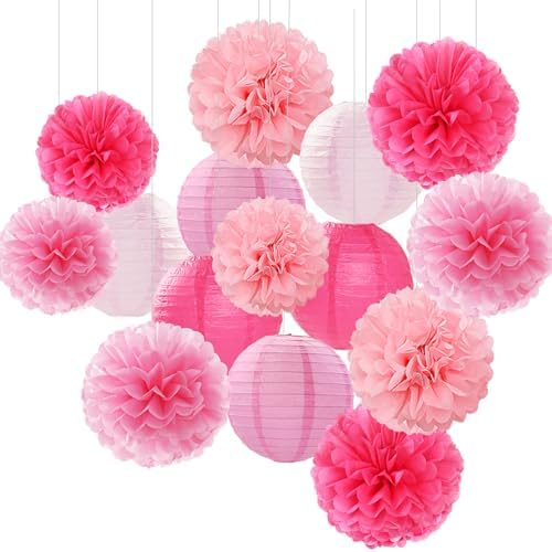 Light-Hot Pink Party-Decorations Paper-Flowers Lanterns - 15pcs Graduation Girl Birthday Decor Tissue Pom Poms Streamers, Bridal Baby Shower Wedding Bachelorette Valentine Hanging Supplies Hugfond by Hugfond