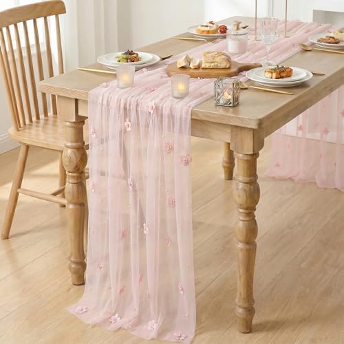 Artoid Mode Pink Flower Pearl Pink Gauze Table Runner 10FT, Seasonal Sheer Dining Holiday Wedding Birthday Baby Shower Table Decor for Home Party - Image 3