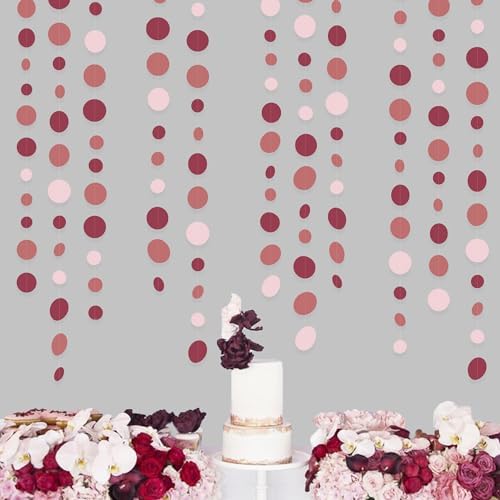 Burgundy Dusty Pink Decorations Circle Dot Garland Maroon Pink Hanging Polka Dot Streamer Banner for Wedding Birthday Bridal Shower Engagement Graduation Anniversary Garnet Party Supplies - Image 5
