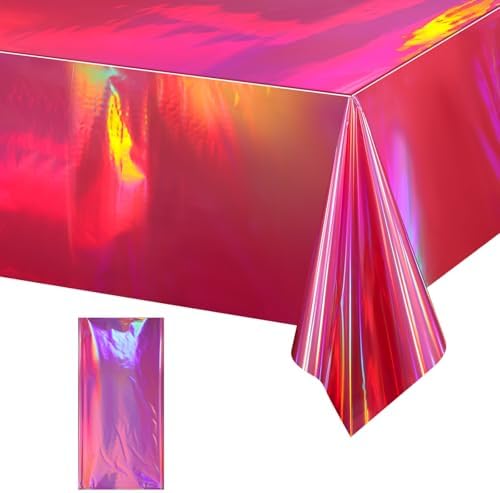 1 Pack Hot Pink Iridescence Plastic Tablecloths Shiny Disposable Laser Rectangle Table Covers Holographic Foil Tablecloth Iridescent Party Decorations Birthday Bridal Wedding Christmas, 54 x 108 Inch by EnjoyYourFunnyParties