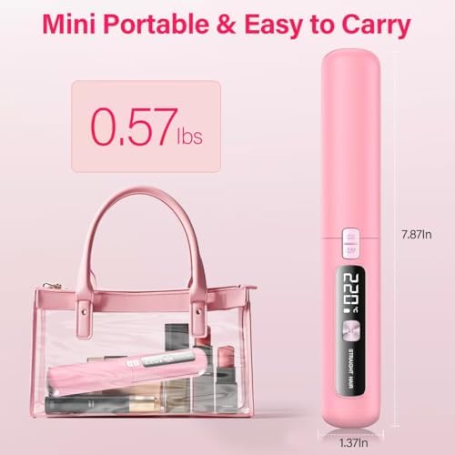 Cordless Hair Straightener and Curler 2 in 1, Mini, Lightweight and Small,USB Rechargeable with 4500mAh Battery, 10s Fast Heating, Portable Ceramic Flat Iron for Travel (Light Pink) - Image 2