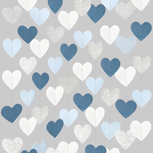 Silver Blue White Heart Party Decorations Dusty Blue Glitter Paper Silver White Love Heart Hanging Garland Streamer Banner for Birthday Valentines Day Anniversary Wedding Shower Party Supplies by pinkblume