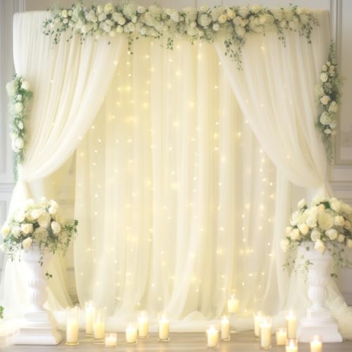 30x10ft Ivory Tulle Backdrop Curtain with Lights String for Parites, Sheer Backdrop Curtains for Wedding Baby Shower Birthday Party Photo Shoot Decorations by Partisky