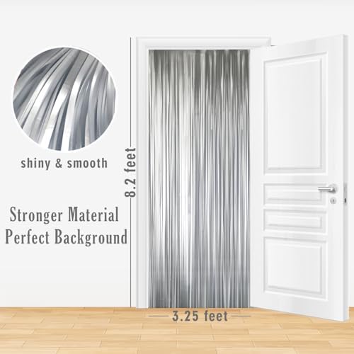 GOER 3.2 ft x 8.2 ft Metallic Tinsel Foil Fringe Curtains,Party Streamer Backdrop for Birthday,Graduation Decorations and New Year Eve (2 Pcs,Matte Silver,Thick Material) - Image 2